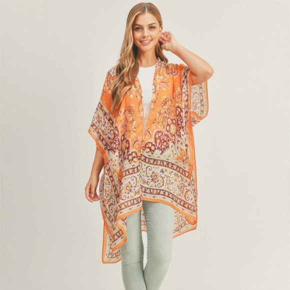 Orange Lightweight Boho Print Kimono Wrap Cover Up - Picture 5 of 5